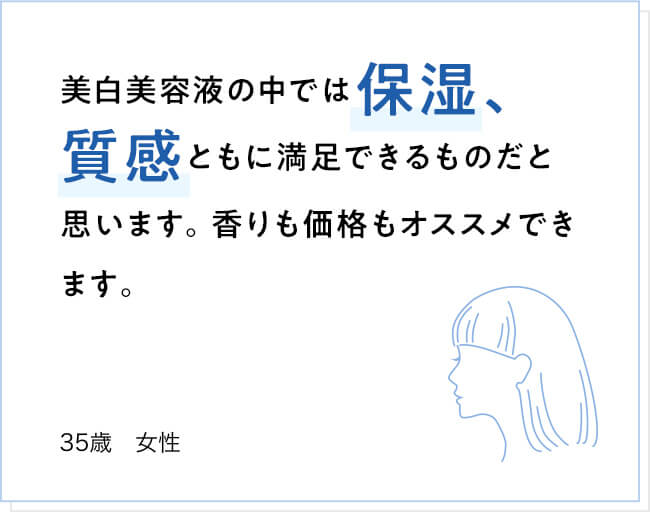 美白美容液の中では保湿、質感ともに満足できるものだと思います。香りも価格もオススメできます。 35歳 女性